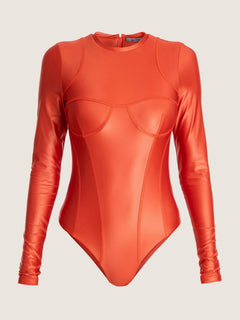 Maillot de bain laqué à manches longues avec découpes corset