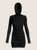 Wool knit long sleeves short hood dress